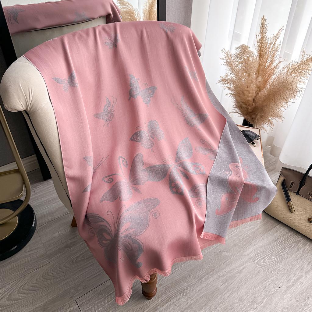 Butterfly Retro Trend Tencel Cotton Women'S Thermal Scarf Double-Sided Two-Color Fashion Shawl Silk Scarf