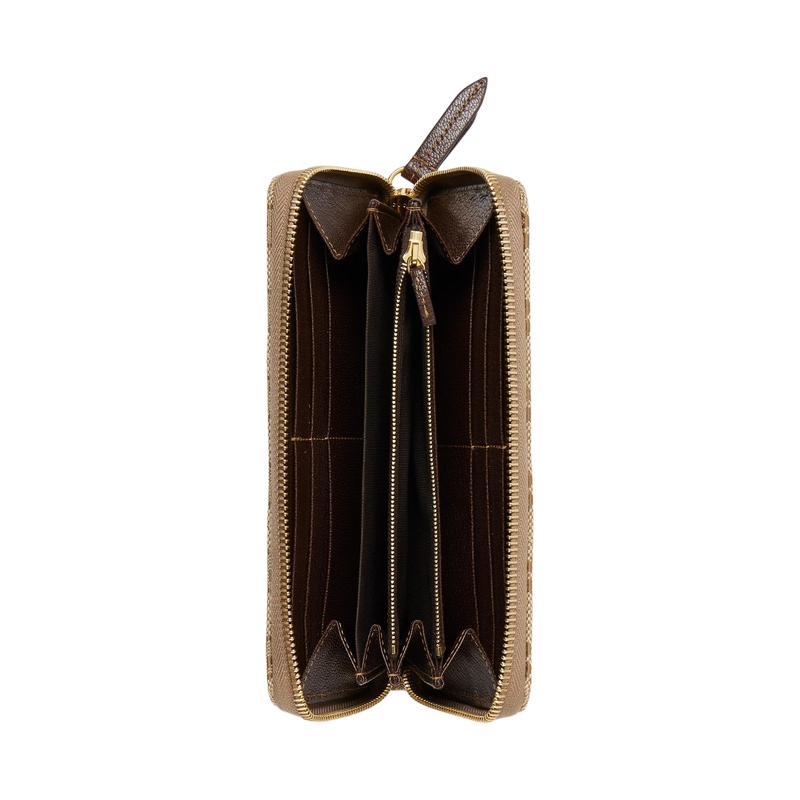 Gucci Double G Generation retro style gold hardware zipper closure GG canvas wallet women's sand color with dark brown