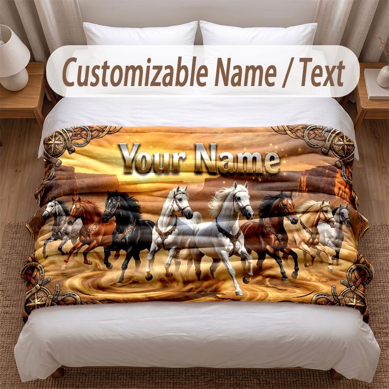 Horse Theme Soft Blanket Personalized Custom Name Text Print Warm Blanket Home Sofa Bedroom Decor