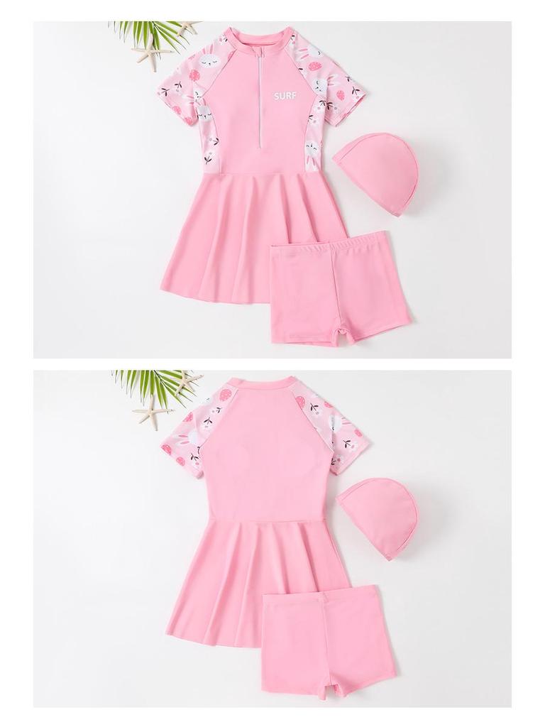 Girls' 2025 Slimming One-Piece Skirt Swimsuit: Cute, Quick-Dry, Three-Piece Student Swimwear