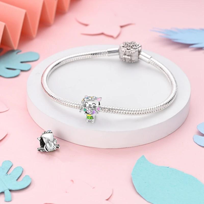 Charms de Buquê de Gato Coloridos Plata R Contas Originais Compatíveis com Pulseira Originalcharms Joias Presentes Para Mulheres