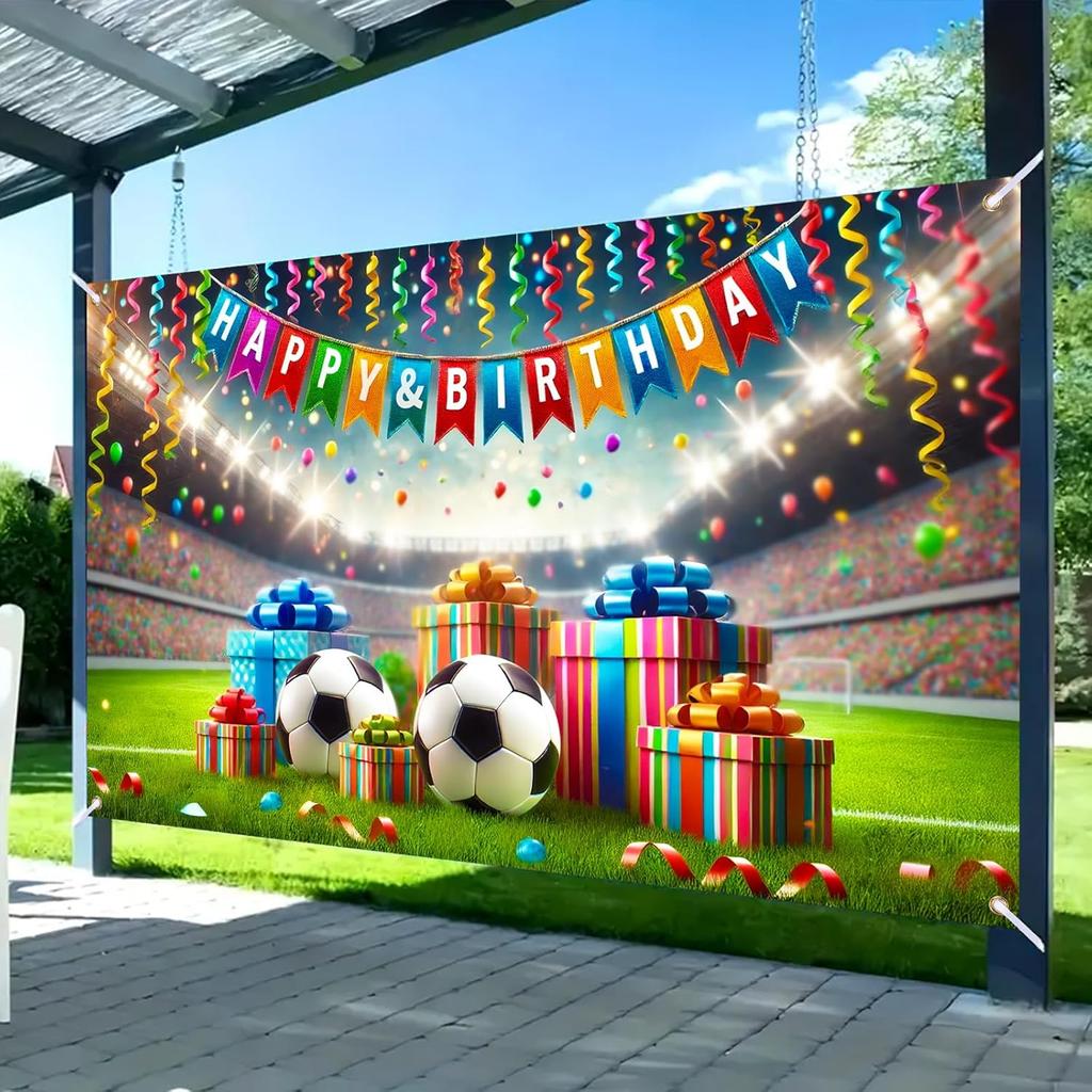 Glowing Soccer Happy Birthday Banner, Large Sports Backdrop for Outdoor Indoor Party Photo Booth
