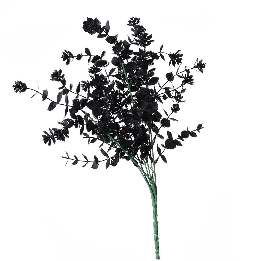 7 Branches Artificial Black Eucalyptus Leaves Plastic Plants Persian Fern Halloween Fake Flower Bouquet Home Office Decoration