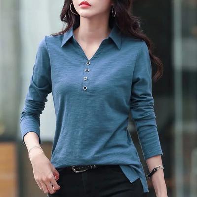 Herbst Baumwolle Taste T-shirt Koreanische Harajuku Frauen Revers Büro Langarm Tops Za Frau Plus Größe T-shirt