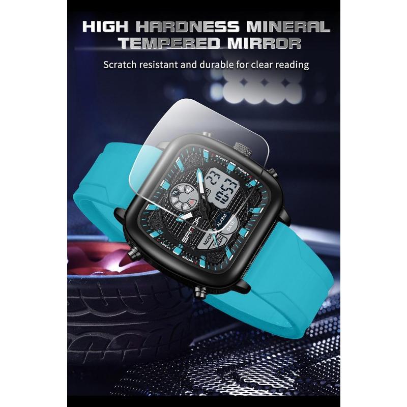 SANDA Retro Square Double Display Electronic Watch Night Light Waterproof Business Leisure Men's Watches Sports Silicone Strap Wristwatch