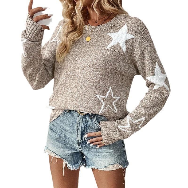 Womens Knit Sweater With Star Round Neck Long Sleeve Loose Fit Casual Office Wear