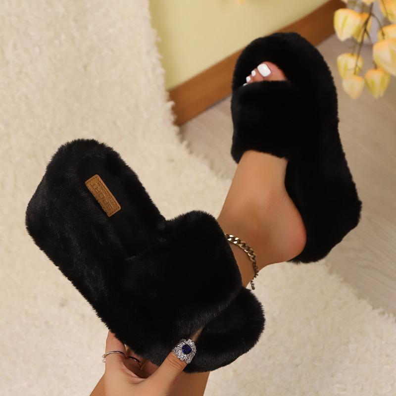 Women Fur Slippers Wedges Platform Shoes New 2025 Trend Open Toe Flip Flops Short Plush Cozy Winter Slides Woman Zapatos