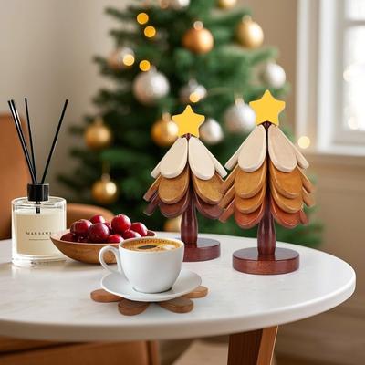 Christmas Wooden Coaster Trivet, Wooden Tree Shaped Coaster Mat Wooden Set of 3 Home and Restaurant Tabletop Decorative Coasters