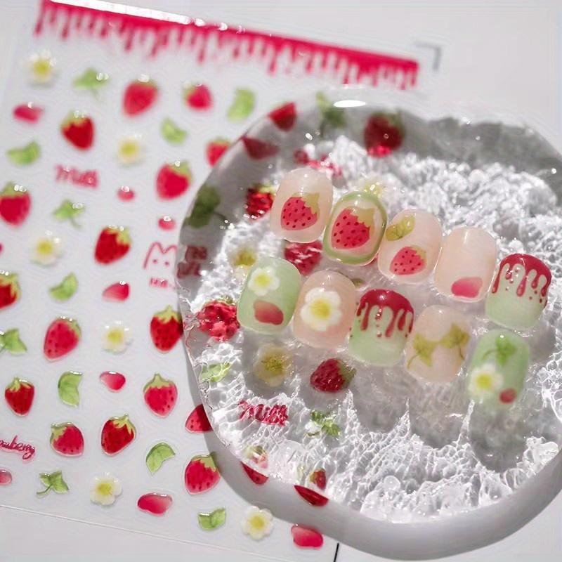 1pc 5D Kawaii Jelly Strawberry Cartoon Slider Adheisve Nail Art Stickers Embossed Nail Stickers DIY Manicure Decorations Decals