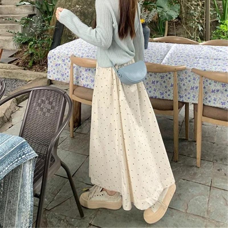 Soft Beige Polka Dot Midi Skirt for Women - Summer High-Waist A-Line Long Skirt with Simple Elastic Waist