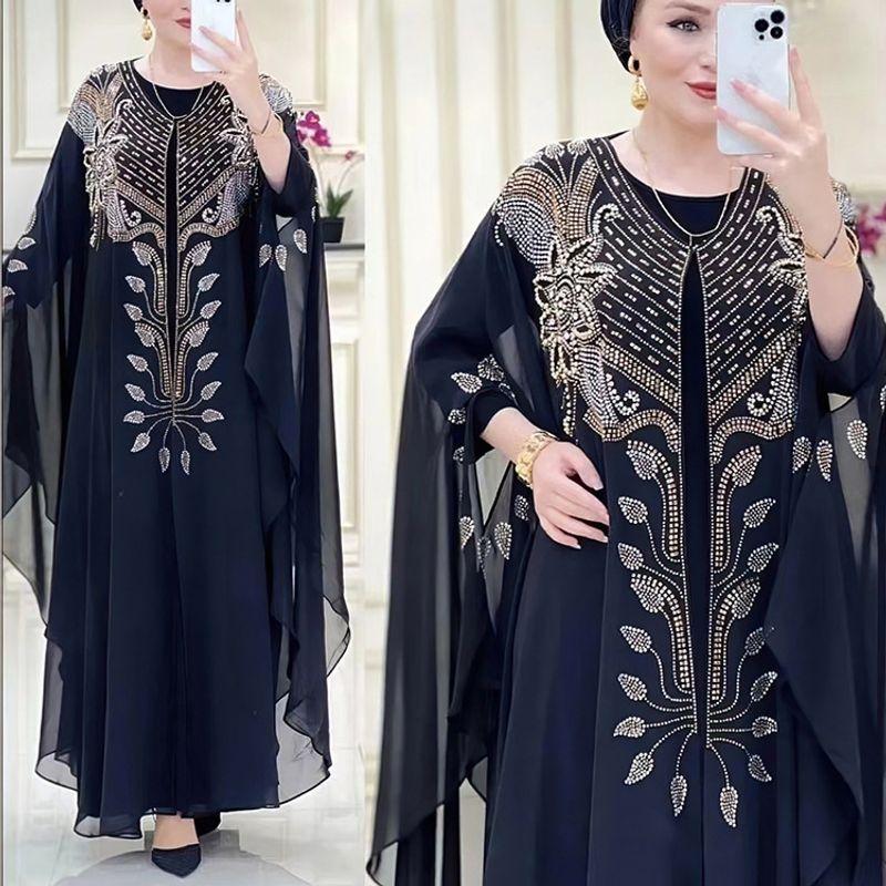 Cross-Border Indonesia Middle East Turkey Africa European and American Style Dress Chiffon Heavy Embroidery Hot Drilling Robe Plus Size Women Dress
