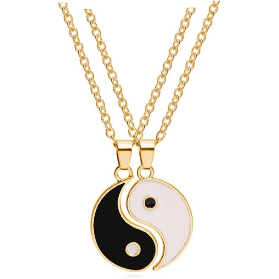 Yinyang BFF Couples Pendant Necklace 2Pcs Matching Puzzle Pendant Necklaces for Women Men Friendship Boyfriend Girlfriend Jewelry-Gold