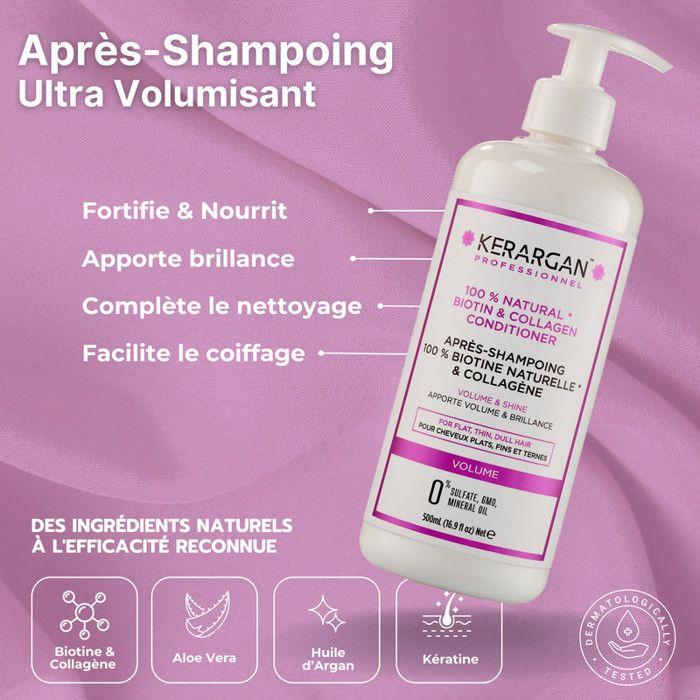 Kerargan - Trio Volumisant Shampoing, Après-shampoing &amp; Masque Biotine &amp; Collagène pour Cheveux Plats - Sans Sulfate - 3x500ml
