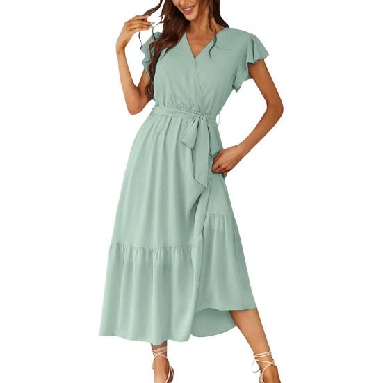 

Женское летнее миди-платье с V-образным вырезом, оборками, рукавами-крылышками, летящее платье-запа́х, бохо, пляжное А-силуэта, расклешенное платье-сарафан S светло-зеленый