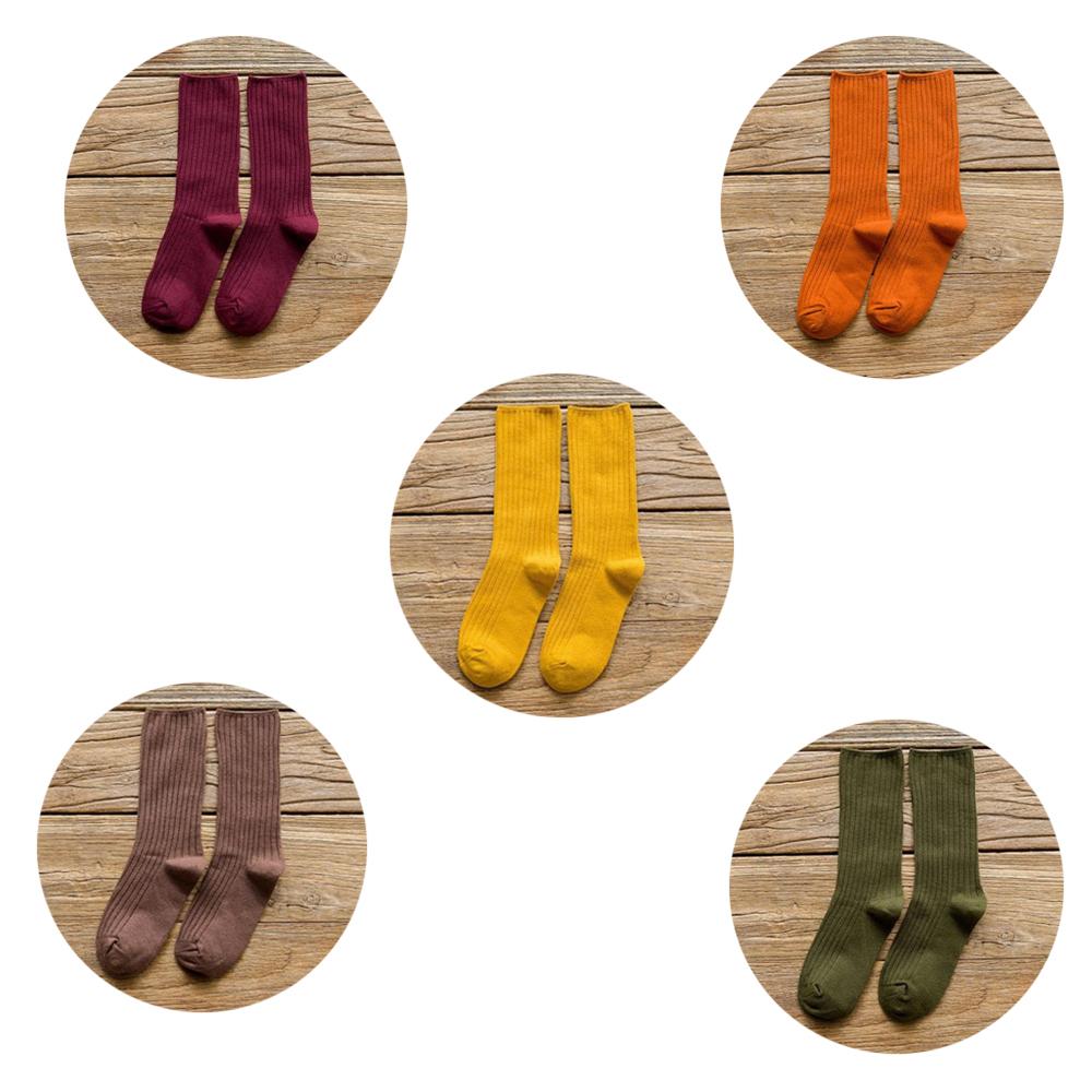 5 Pairs Solid Ribbed Crew Socks Women Mixed Color 4 Seasons Fit Loose Socks Set Daily Basic Sox