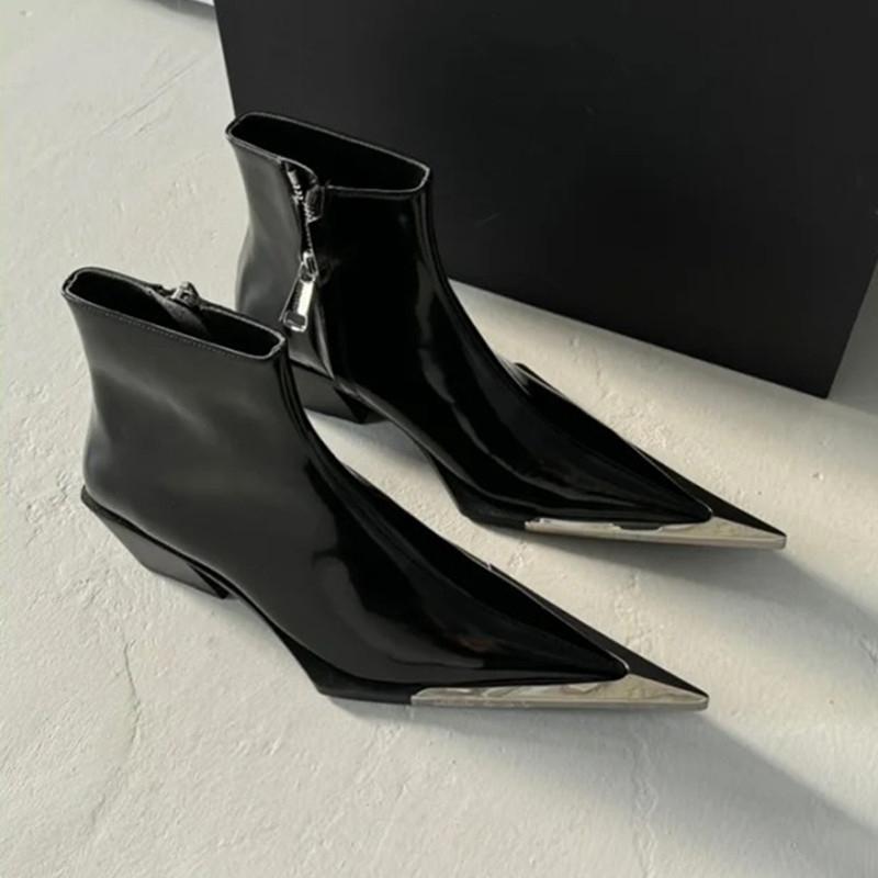 2025 Módní dámské kotníkové boty se zipem na boku, kovovou špičkou, dámská obuv, hrubý podpatek, westernové kovbojské boty