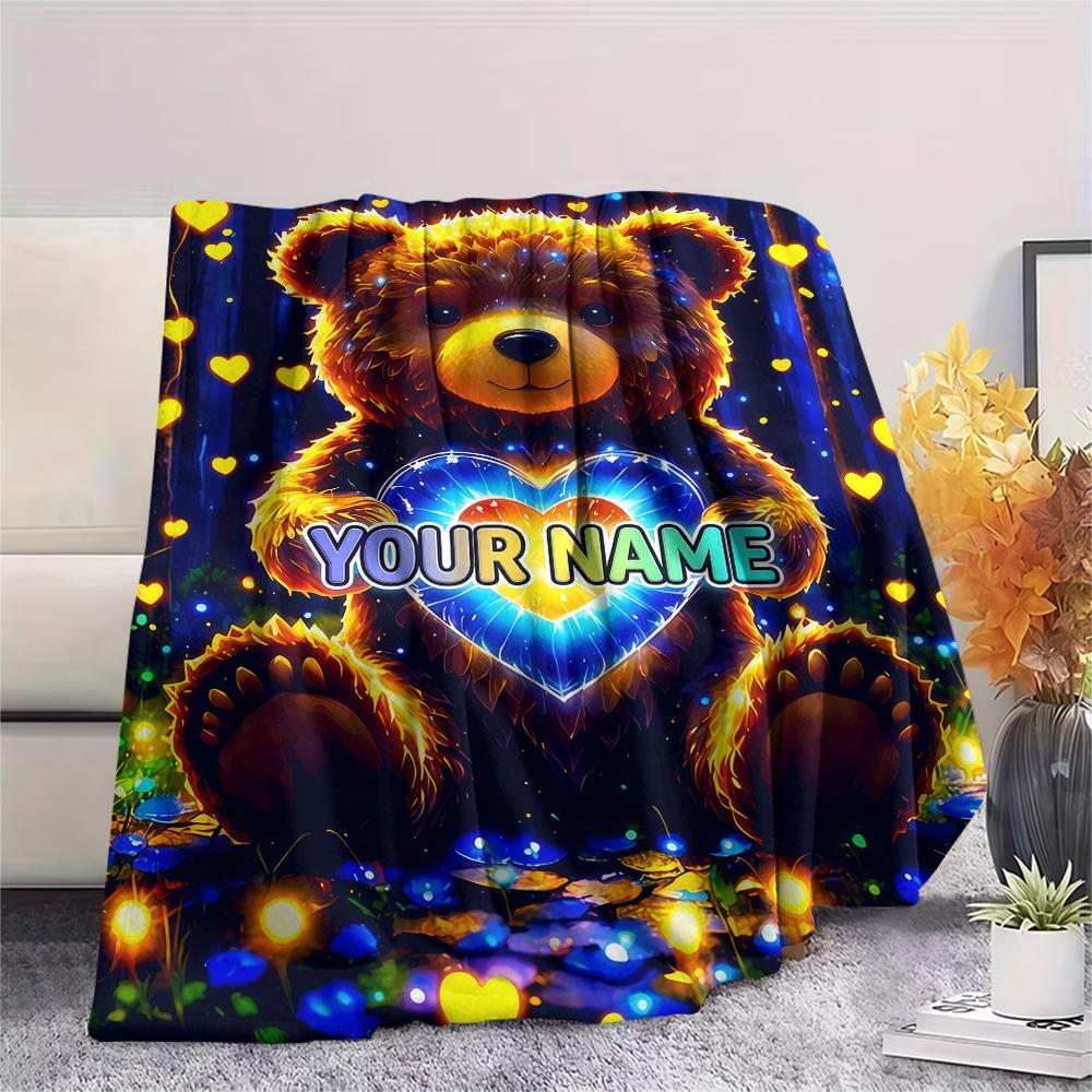 1PC Custom Name Forest Bear Heart Patterned Flannel Blanket Suitable For All Seasons for Home Decor Warmth and Comfort Gifts Holiday Present_lx