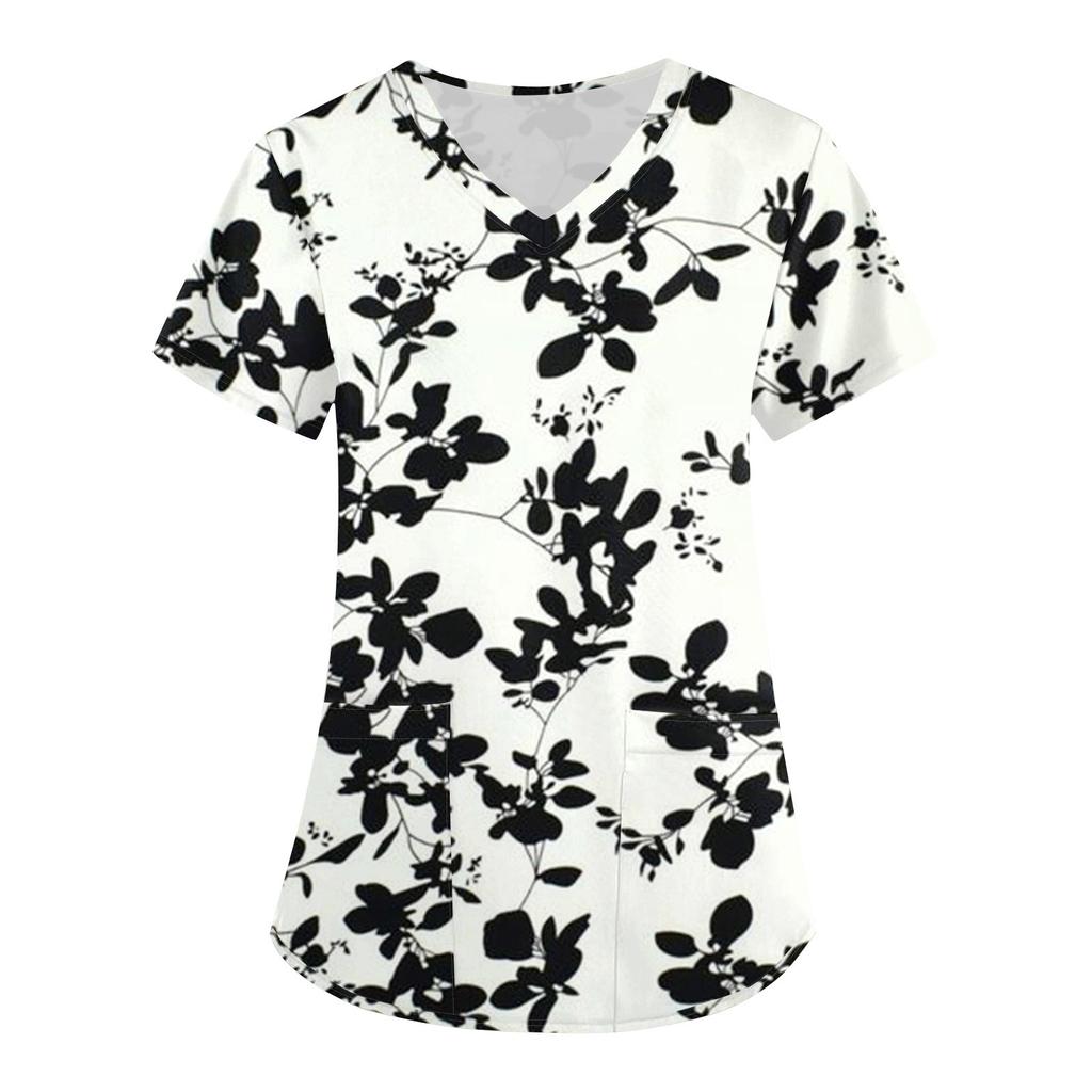 Damen Modisches T-Shirt mit Oster-Aufdruck, kurzärmelig, V-Ausschnitt, kleine Tasche, Arbeits-T-Shirt