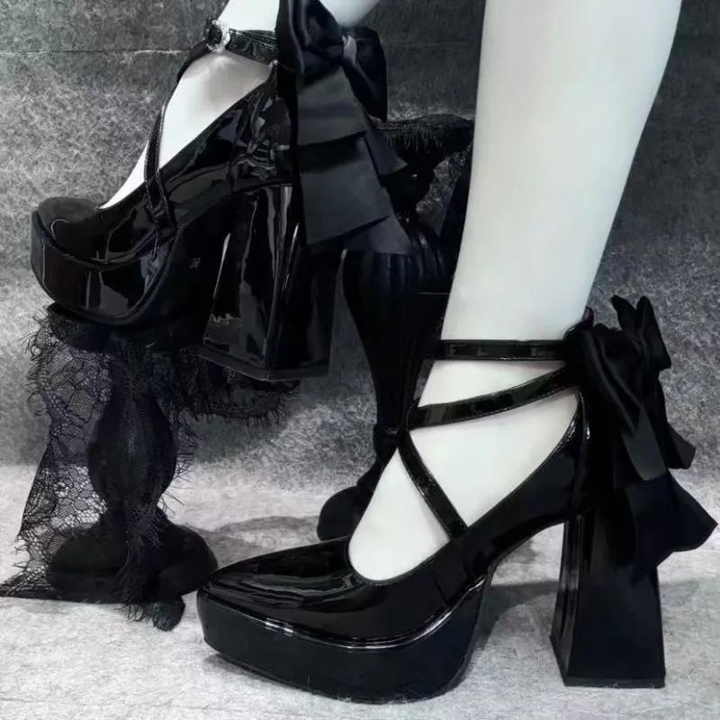 Fashion French Vintage Platform Block Heel High Heels Women's New Bow Mary Jane Single Shoes