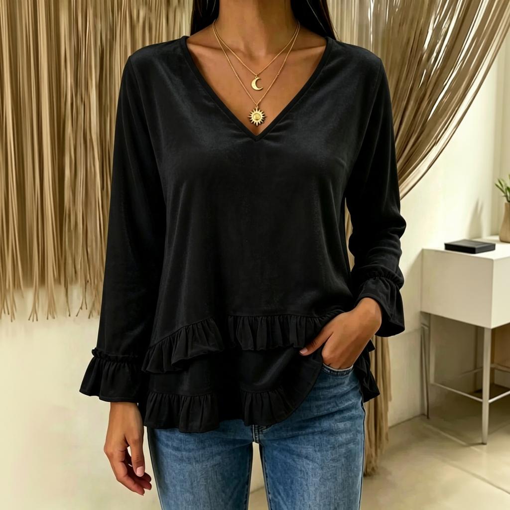 Women's Casual V-Neck Lace Trim Color Blouse for Everyday Wear