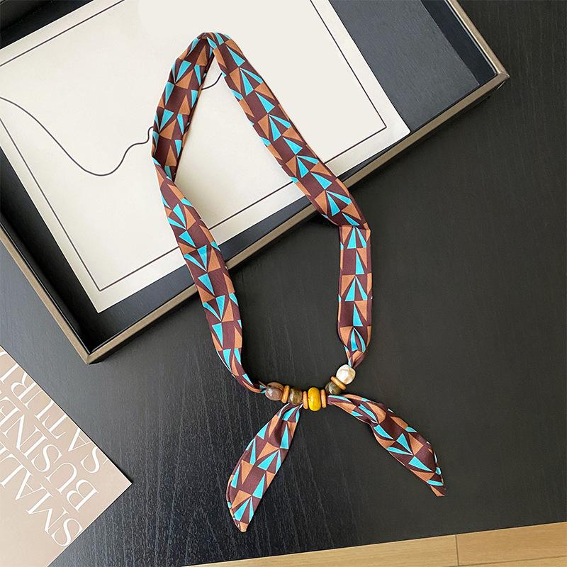 Retro Style Beaded Long Scarf Chain Necklace for Women Fashion Accessories Necklace Scarf Hijab Tie Bag Handle Ribbon Hairband