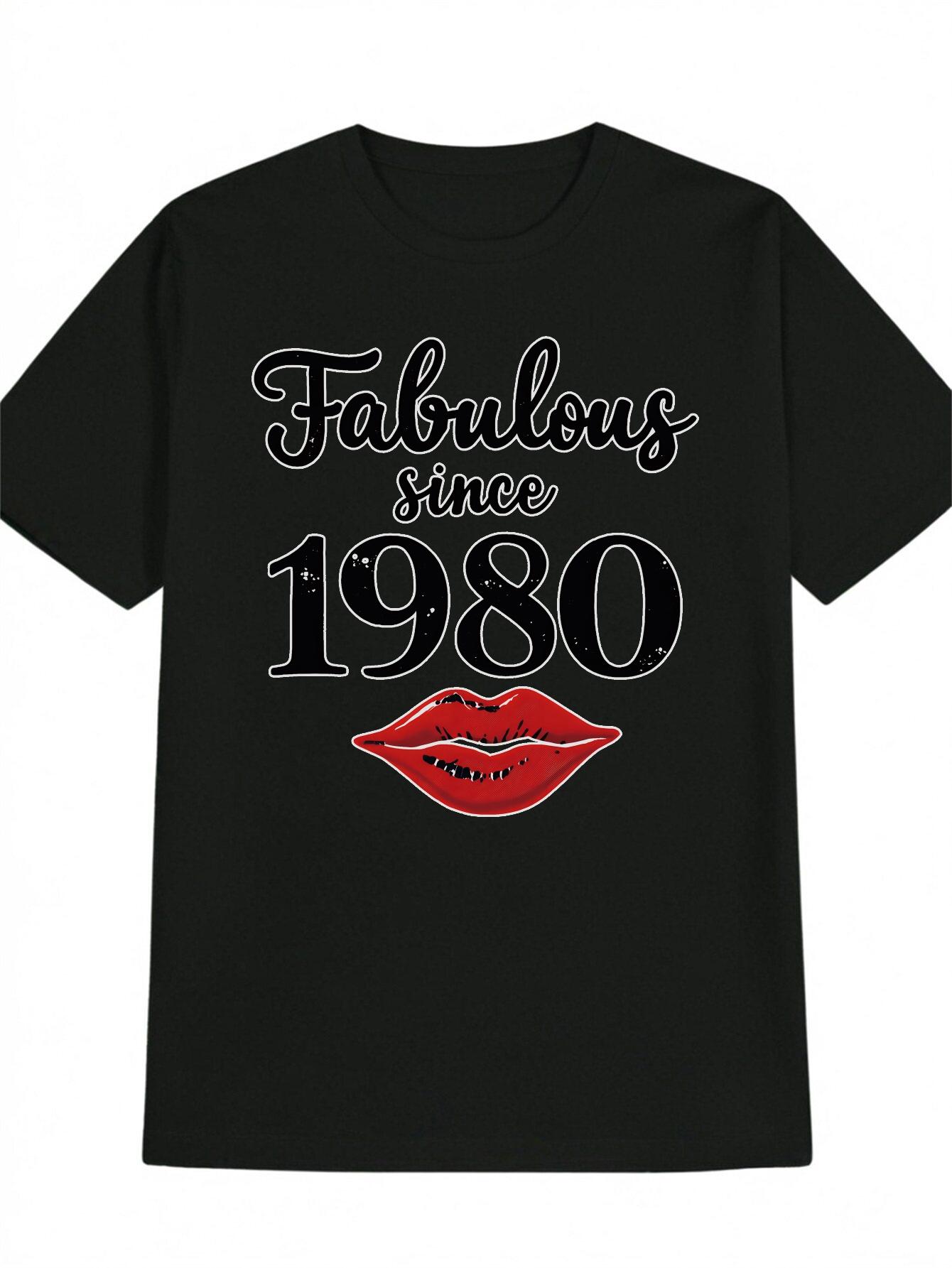 Casual Crew Neck T-shirt with Fabulous Since 1980 Print - Black XXL