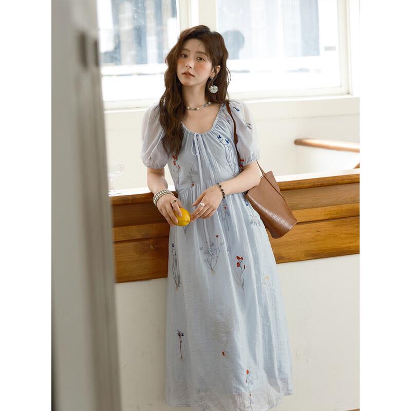 Meixiu French Botanical Embroidery Lyocell Tie-Sleeve Long Dress