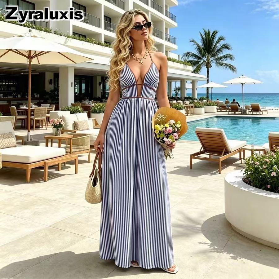 Novedades Vestido de Rayas con Cuello en V para Mujer - Rebajas Vestido Maxi sin Mangas
