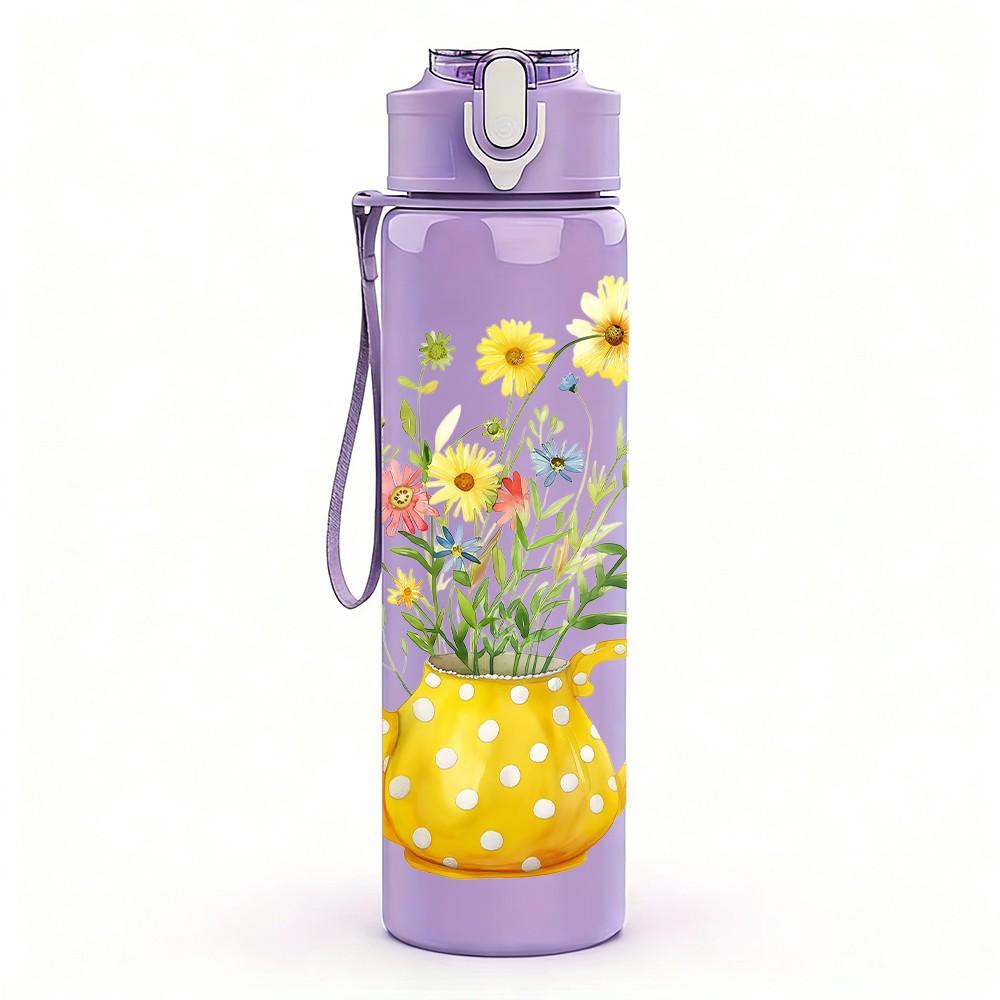 1PC Watering Can Floral Vintage Pattern 750ml Color Plastic Sports Water Bottle Leakproof Flip Straw Lid Suitable for Sports Office Home Use