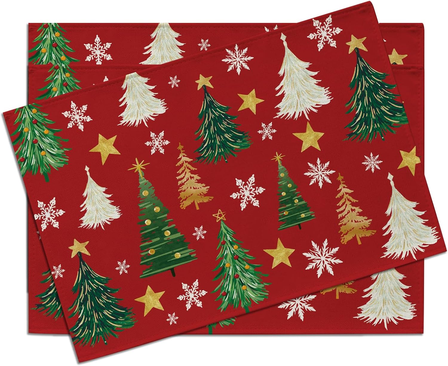 

Red Christmas Tree Placemats Set of 4, Xmas Pine Trees Gold Snowflake Stars Dining Place Mats Table Decor 4Pcs