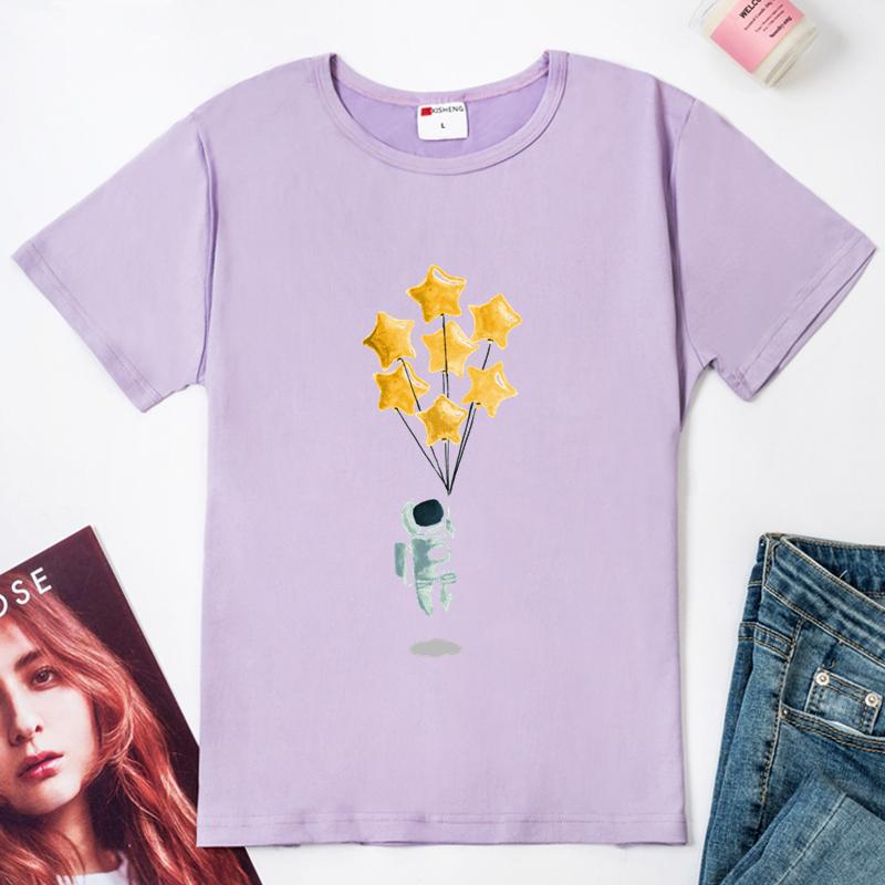 Creative Astronaut Pulling Star Balloon Print Women T Shirt Cute Plus Size Summer Short Sleeve T-Shirt Ladies Tshirt Tops
