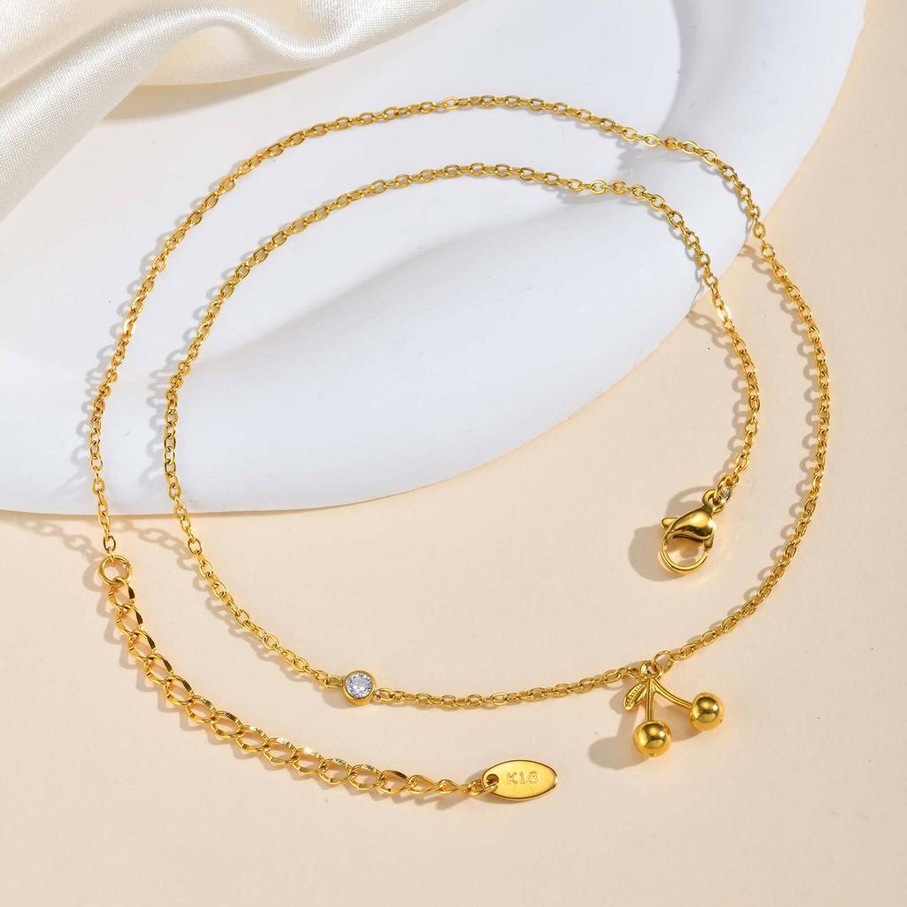 Sideway Zircon Cherry Pendant Necklace, Thin Chain Choker Necklace Stainless Steel, Women's Gold-plated Jewelry