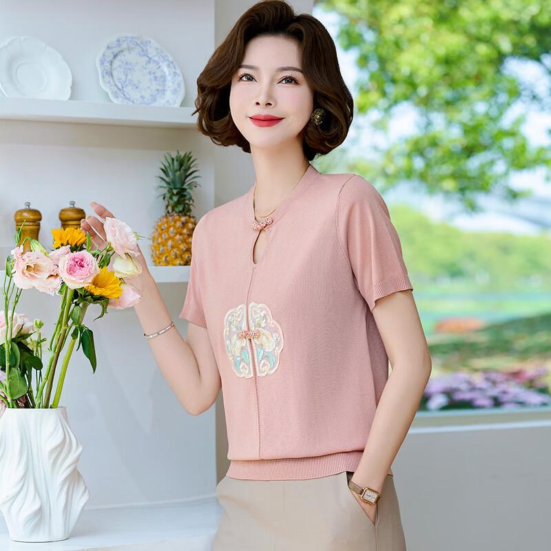 New Chinese Style Embroidered Ice Silk Short Sleeve T-Shirt for Middle-Aged Women