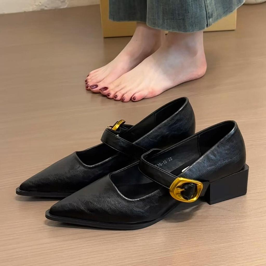 Sheepskin version~ retro metal one-word buckle thick heel small single shoes women's shallow mouth pointed temperament versatile Mary Jane shoes