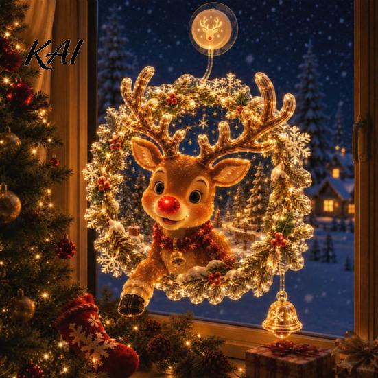 Christmas Wall Hanging Decor Suction Cup Window Light, 7.8-Inch Double-Layer Warm LED Party Ornament Battery Powered Light for Holiday Glass Windows,