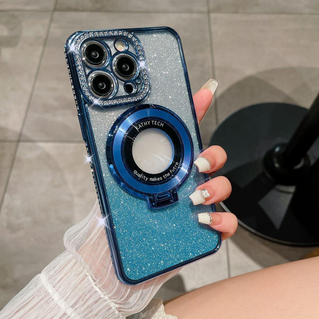 iPhone 17 Pro Max Electroplated Rhinestone Magnetic Bracket Glitter TPU Case