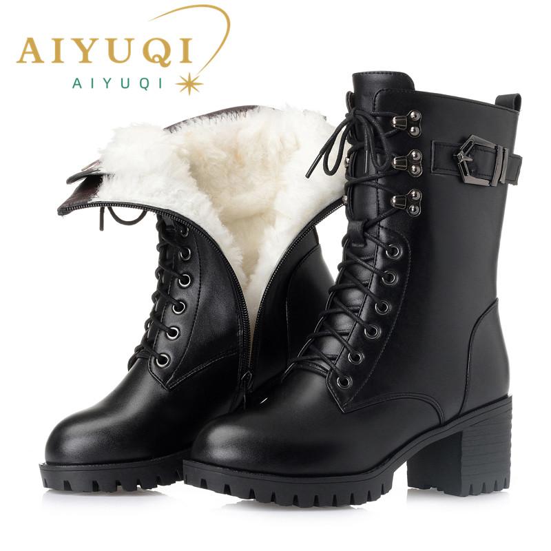 Fashion AIYUQI 2025 Genuine Leather Women Biker Boots Size 41 42 43 Lace Fashion Women Snow Boots High-heeled Thick Wool Boots