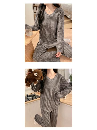 2025 Korean Women's Pajamas with Bra Pads: Knitted Long Sleeve & Pants, Plus Size, for Spring, Autumn, Winter