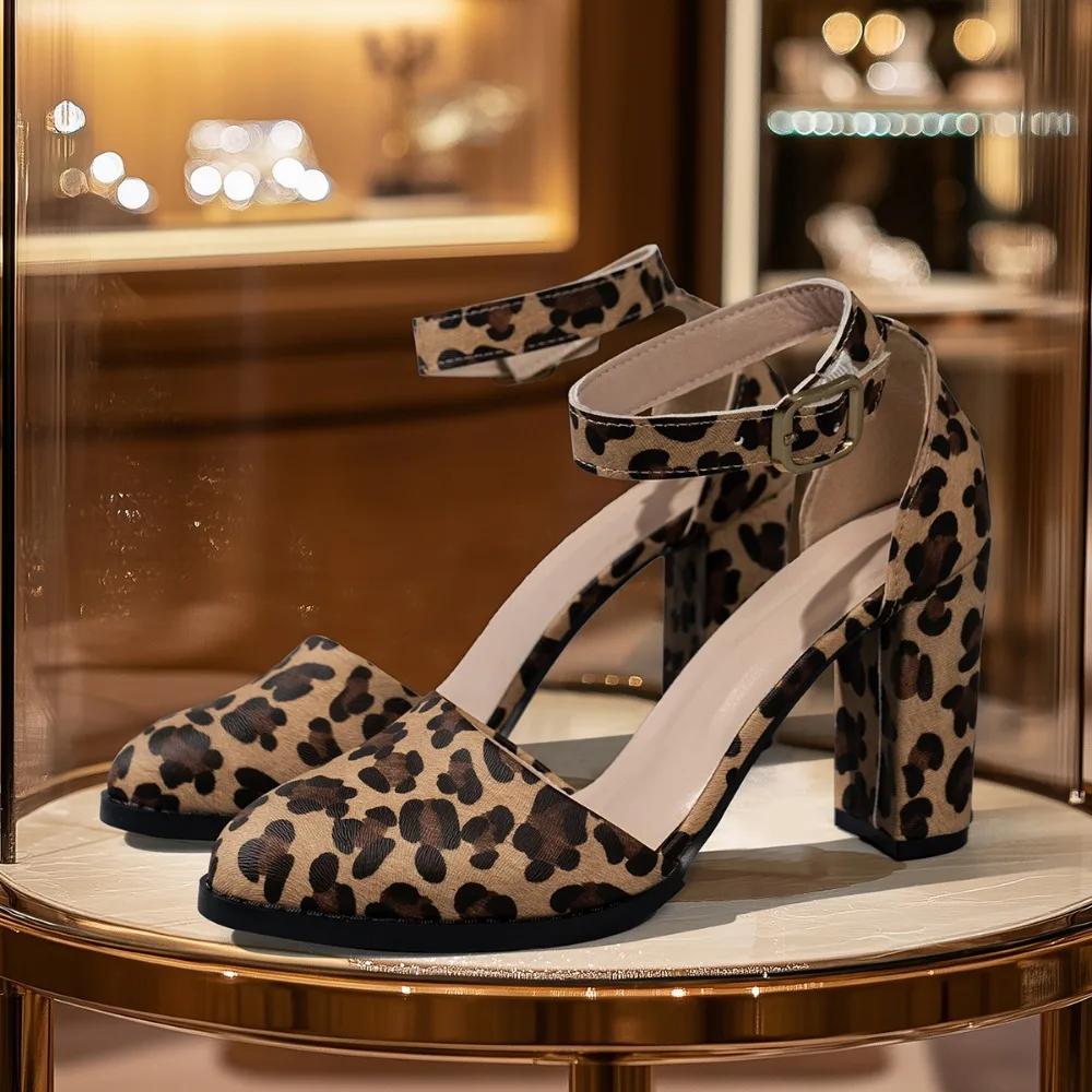 2025 Shoes Ladies Cover Heel Women's High Heels Retro Dress Pumps Women Leopard Chunky Heels Ankle Buckle Strap Plus Size Sandal
