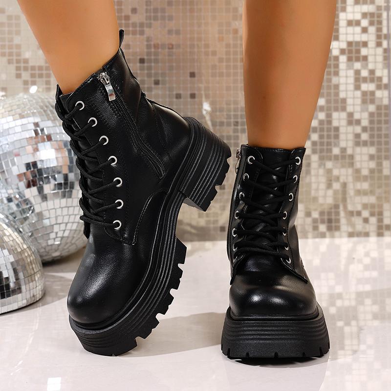 Women's Chunky Platform Ankle Boots Autumn Winter Black Pu Leather Short Booties Woman Plus Size 42 Thick Sole Motorcycle Boots