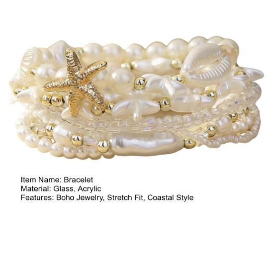 1 Set Bohemian Starfish Bracelets for Women Coastal Style Stackable Stretch Bracelets Faux Pearl Beaded Bracelets for Holiday Summer Beach