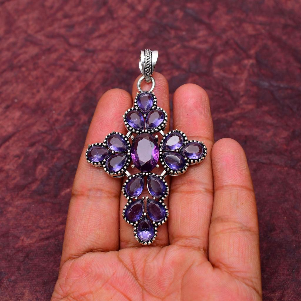 Awesome Amethyst Cross Shape Gemstone Pendant: 925 Sterling Silver Handmade Pendant Necklace Jewelry