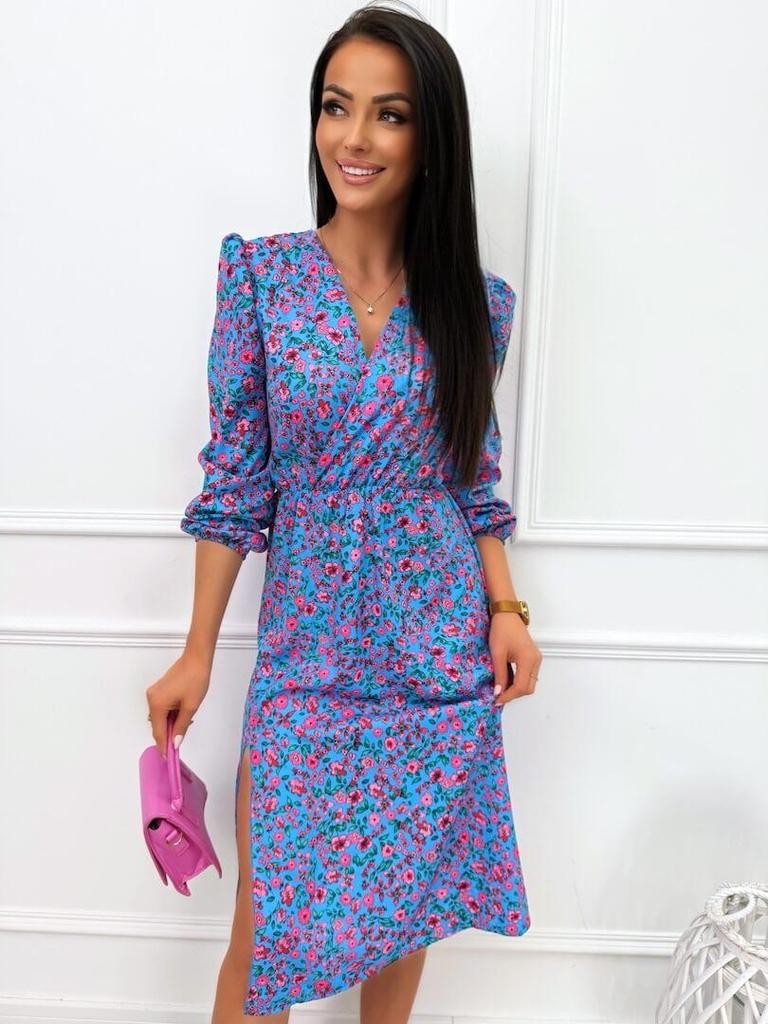 2025 Herbst Damen Sexy V-Ausschnitt Langarmkleid mit Print und Seitenschlitz