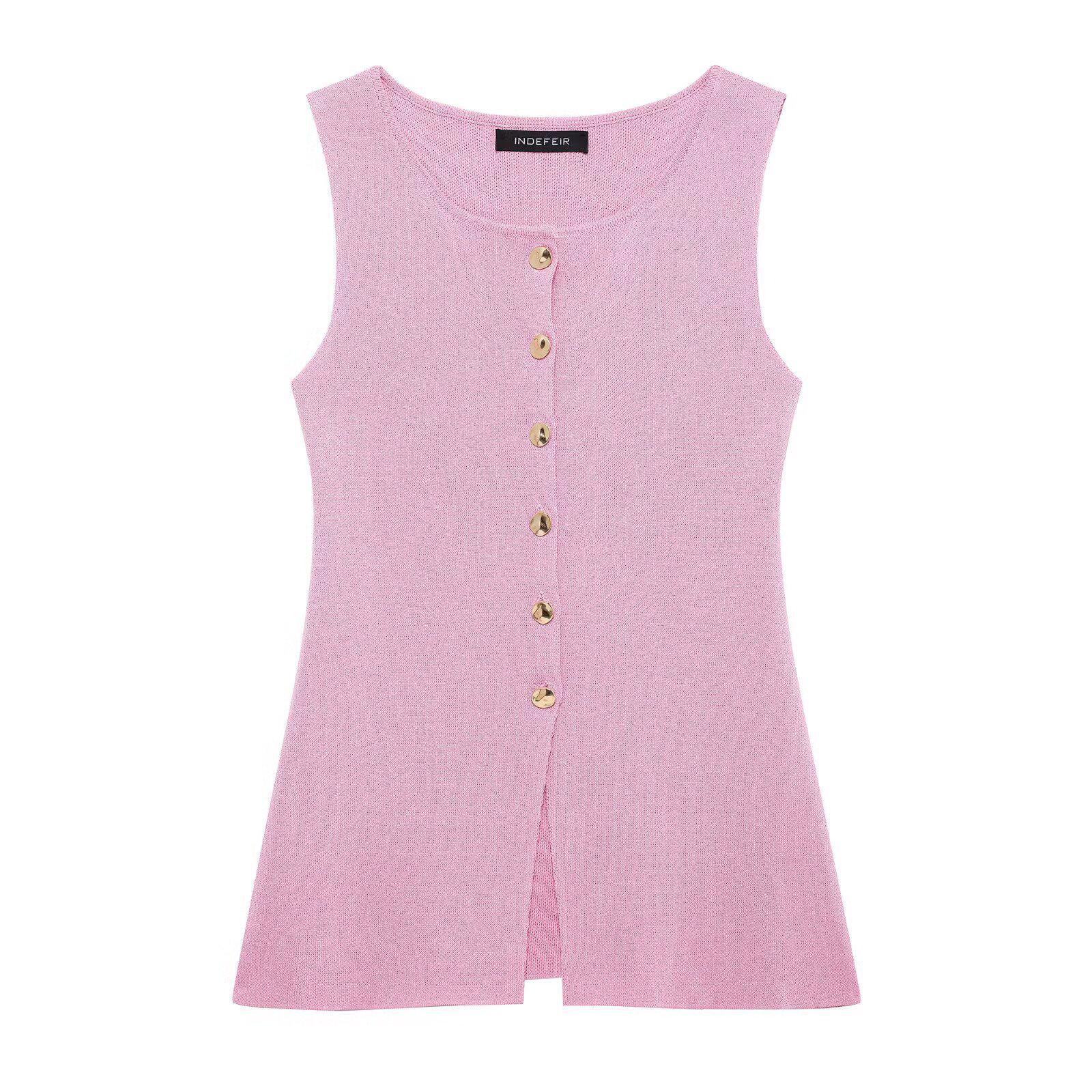 

Многоцветный вязаный кардиган-жилет: Весенний европейский и американский стиль, круглый вырез, однобортный облегающий женский топ Small розовый