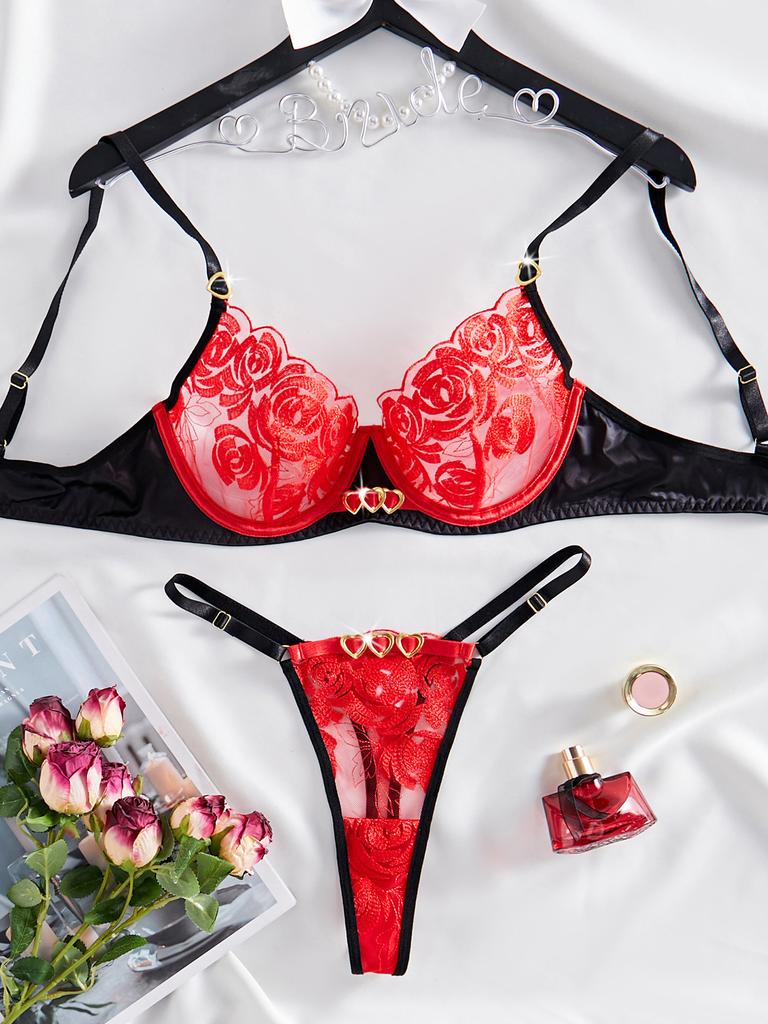 2024 New Embroidery Sexy Lace Two-Piece Erotic Red Hot Transparent Lingerie Mesh Underwear Light Control Thin 2 PCS Suit