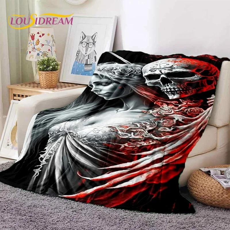 Totenkopf Totes Mädchen 3D Gothic Horror Weiblich Rose Weiche Flanelldecke für Betten Schlafzimmer Sofa Picknick, Überwurfdecke zum Zudecken Freizeit
