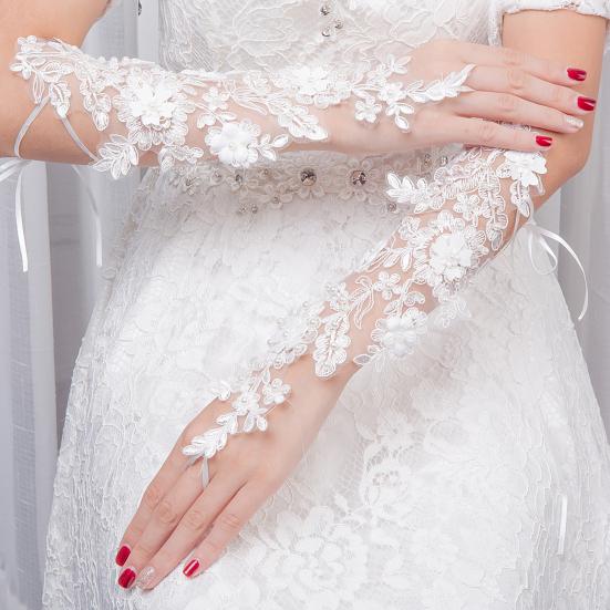 Luvas Longas de Renda Femininas Luvas de Noiva Sem Dedos com Alças para Dedos Pérolas Artificiais Elegantes Acessório de Luvas de Casamento para Chá da Tarde Baile Ópera Noite