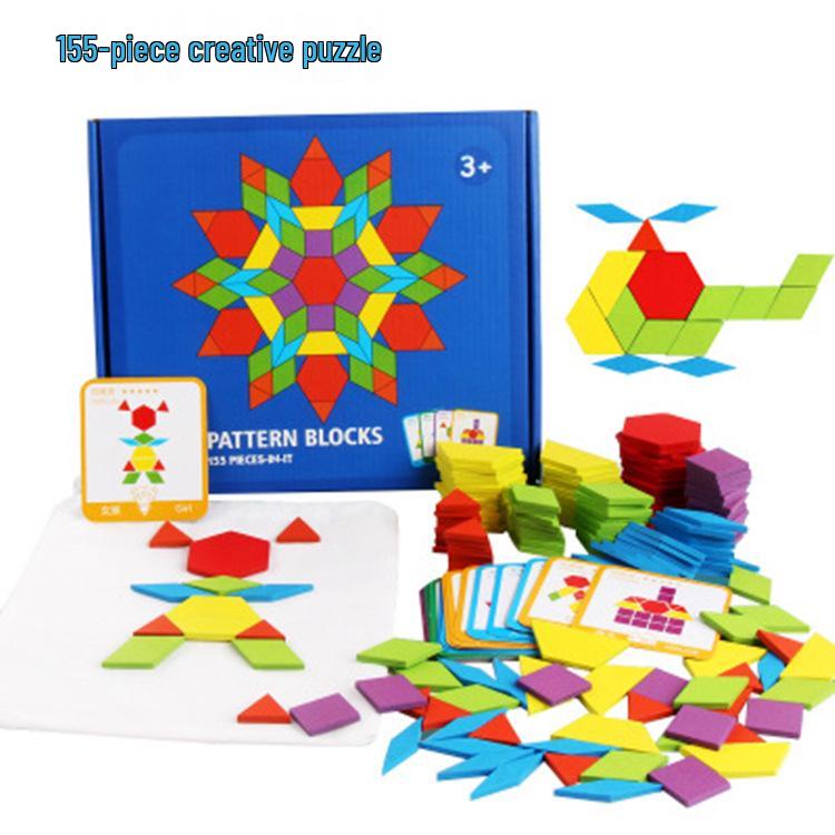 155-Piece Wooden Tangram Puzzle: 3D Geometric Shapes for Early Education and Creativity