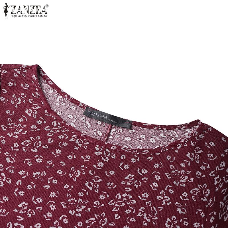 ZANZEA Women Floral Print Casual Round Neck 3/4 Sleeve Cotton Dress