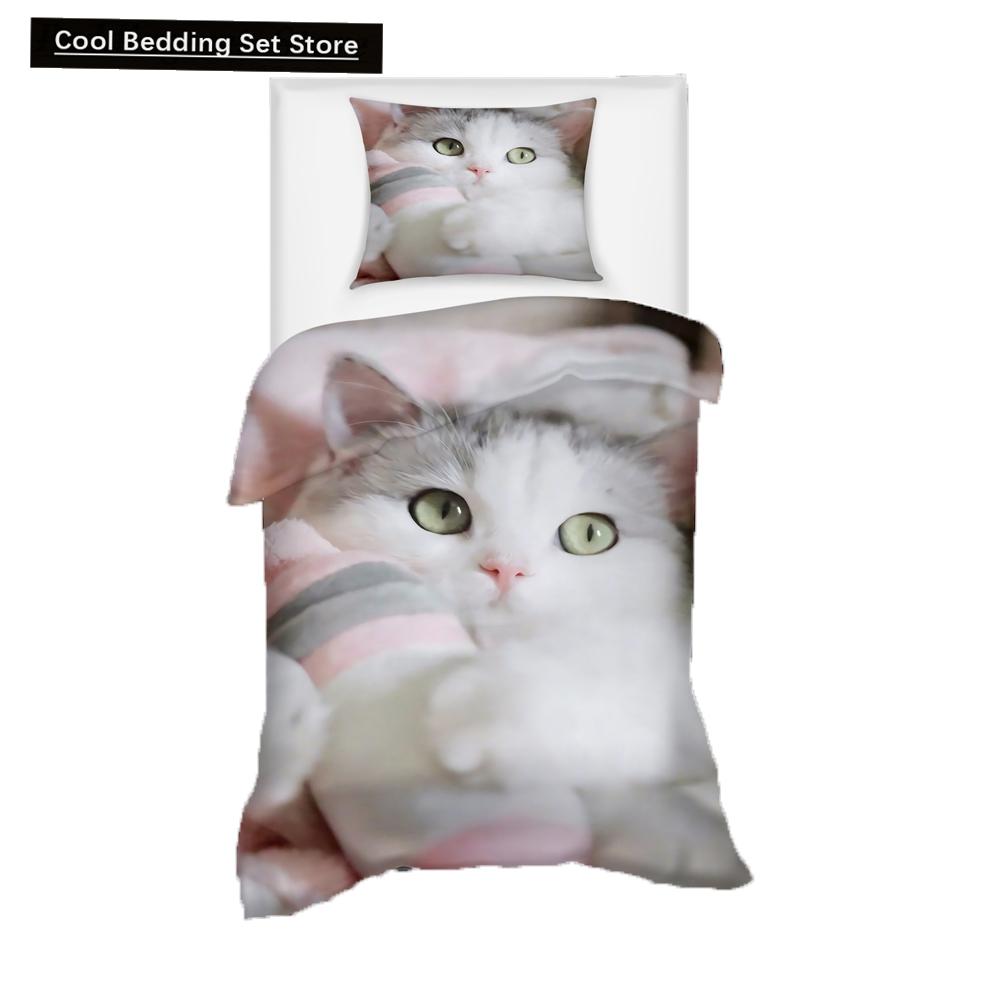 Super Cute Kitten Kids Bedding Set Kawaii Girl Quilt Cove King Queen Size Cat Animal 2/3pcs Polyester Duvet Cover (No Sheet)
